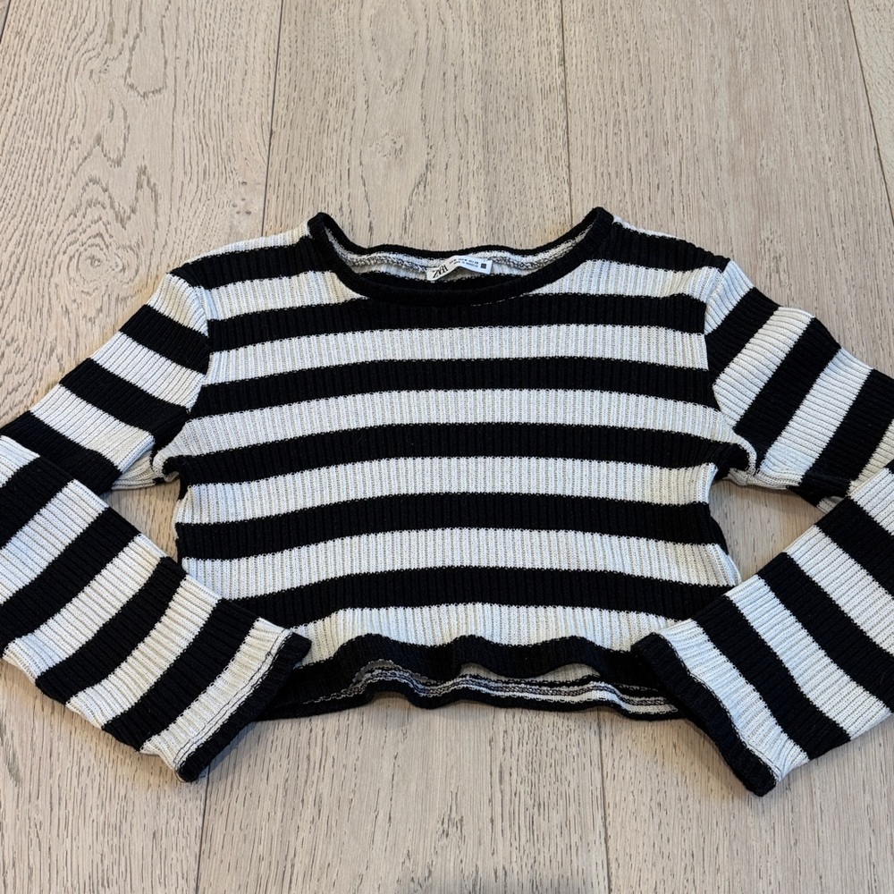 Zara Black and White Striped Crew Neck Sweater